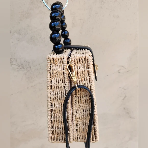 Elegant Tan and Black Woven Handbag/Crossbody - Picture 7 of 12